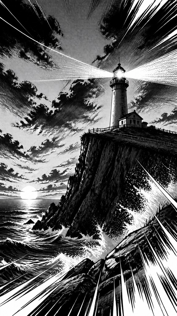 a lone lighthouse on a cliff at dusk under a dramatic sky, no text or lettering — Sports Manga Art Style poster