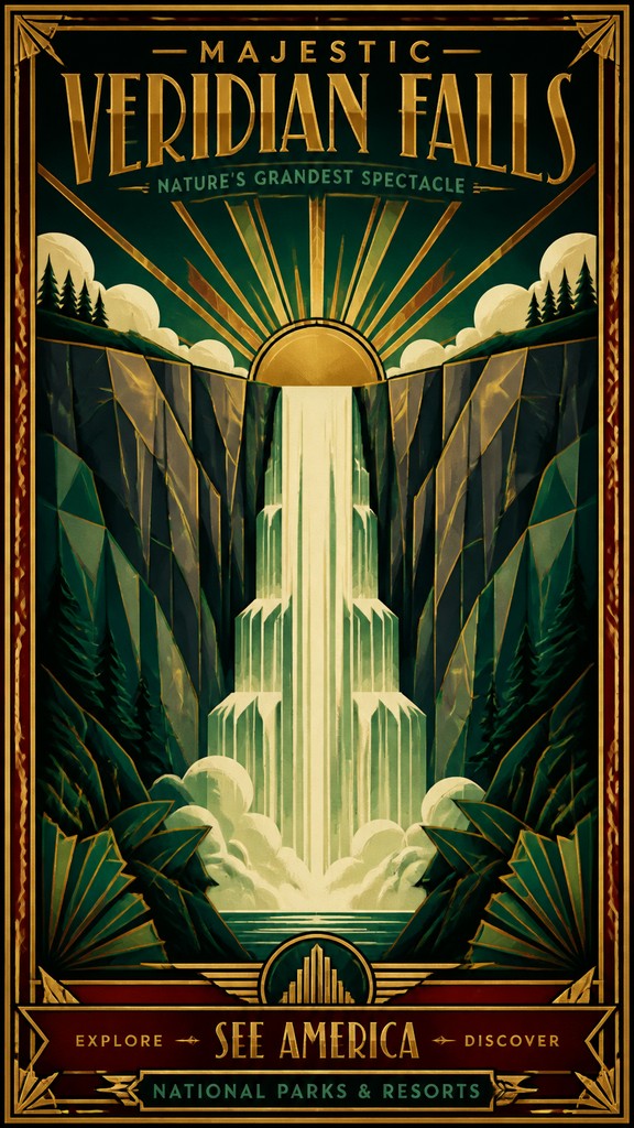 towering waterfall cascading down a cliff — Art Deco Poster Design