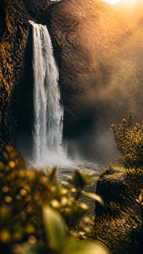 towering waterfall cascading down a cliff — Food Photography Still Life Art Style