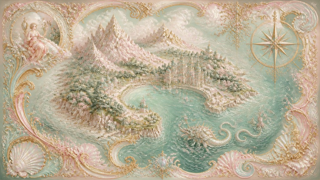 a map of an island realm with mountains, forests, a sheltered bay, sea monsters in the water and a compass rose, no text labels — Rococo Art Style fantasy map