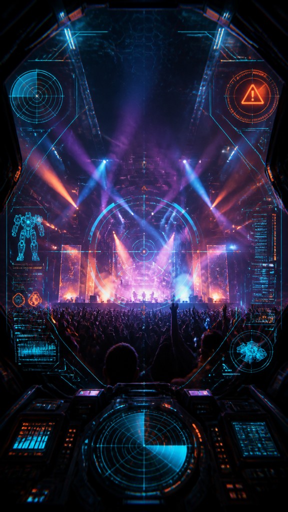 a live music scene with a glowing stage and silhouetted crowd, energetic vertical composition with open space at the top, no text — Mecha Pilot Interface View flyer