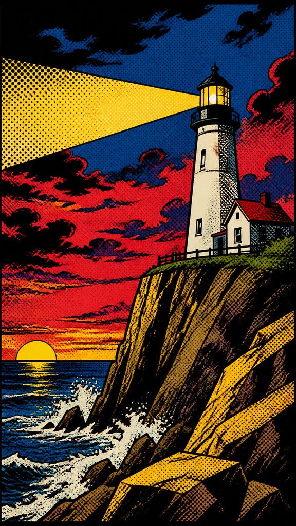 a lone lighthouse on a cliff at dusk under a dramatic sky, no text or lettering — Comic Book Pop Art Style poster