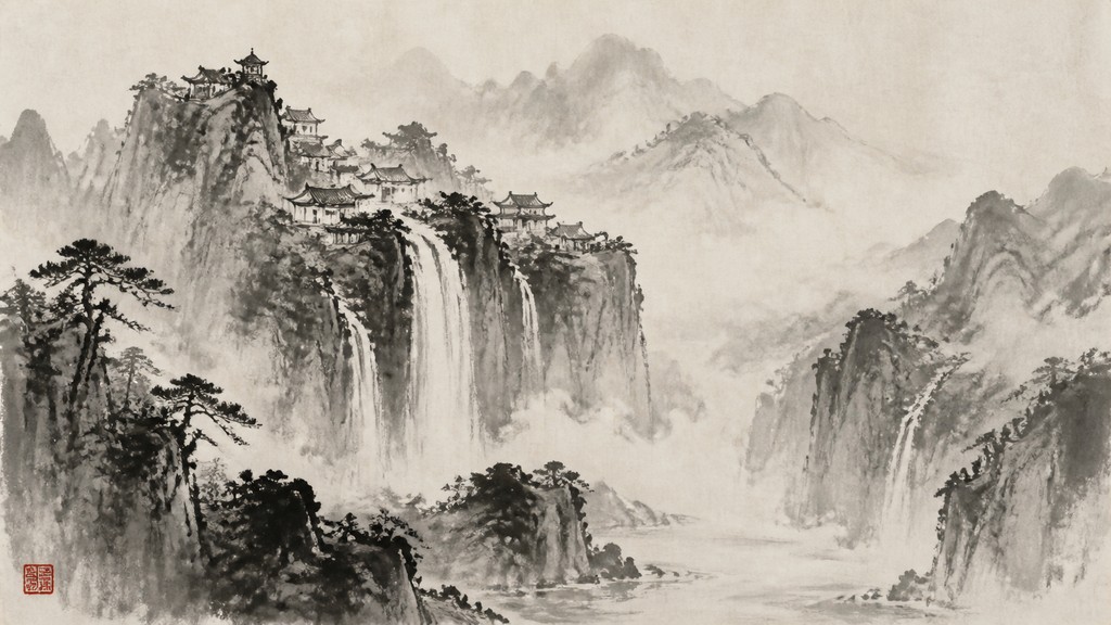 a cliffside city with waterfalls cascading into a misty canyon, wide establishing shot, no people, no text — Traditional Chinese Landscape Art Style concept art
