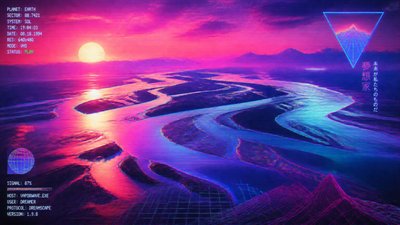 a wide river delta seen from above at sunset, no people — Vaporwave Art Style wallpaper