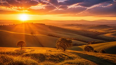 rolling hills with scattered trees under a big dramatic sky, no people — Golden Hour Landscape Photography Style wallpaper