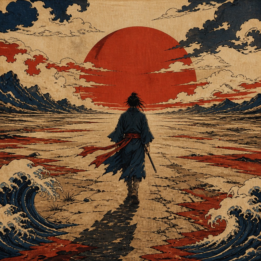 a solitary figure walking toward a glowing horizon across an empty plain, moody atmosphere, no text or lettering — Ukiyo-e Anime Fusion Portrait album cover
