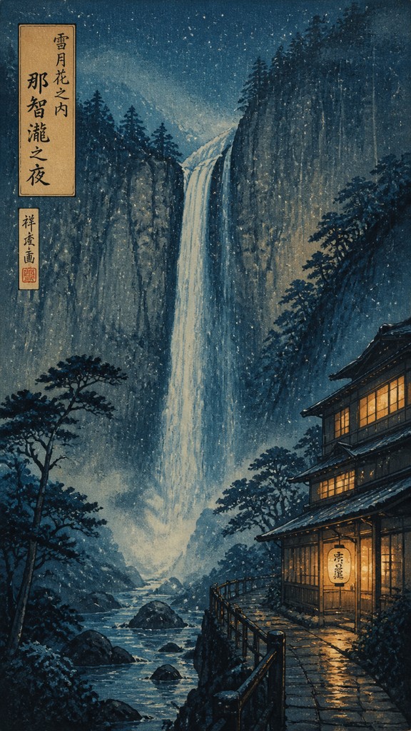 towering waterfall cascading down a cliff — Shin-hanga Print Style