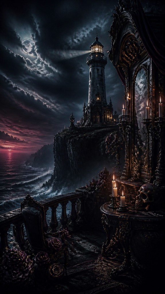 a lone lighthouse on a cliff at dusk under a dramatic sky, no text or lettering — Dark Gothic Art poster