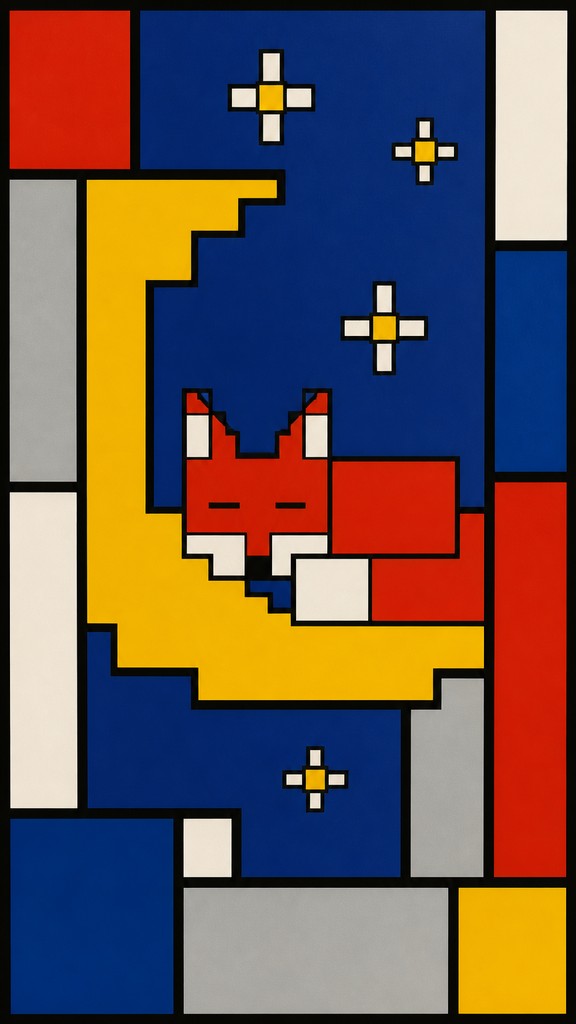 a sleeping baby fox curled on a crescent moon among soft stars, gentle and warm, no text — De Stijl Art Style baby announcement