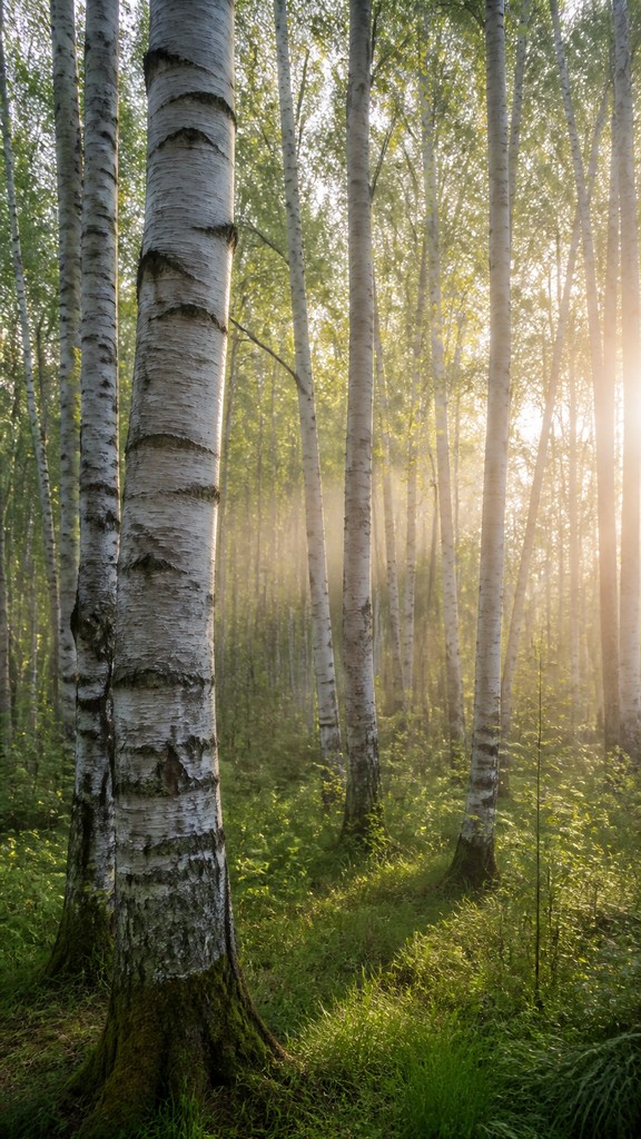 a serene birch forest in soft morning light, no people, no text — Photorealism Art Style wall art print