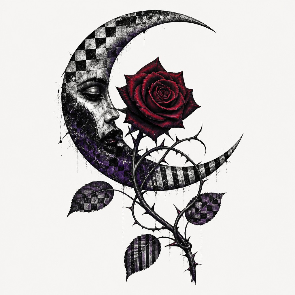 a rose entwined with a crescent moon, clean balanced composition on a plain background, no text — Emo Aesthetic tattoo design