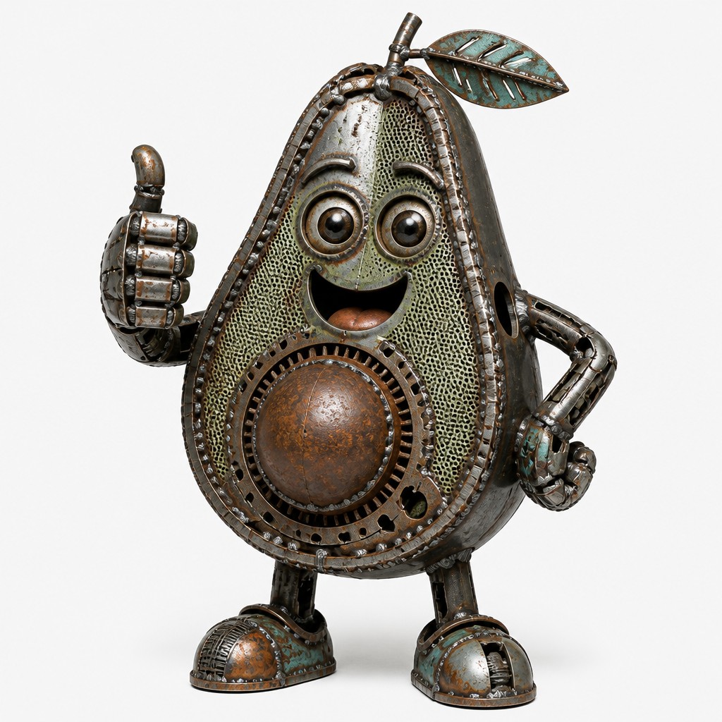 a happy avocado character giving a thumbs up, bold readable design on a plain background, no text — Metal Assemblage Sculpture Art Style sticker