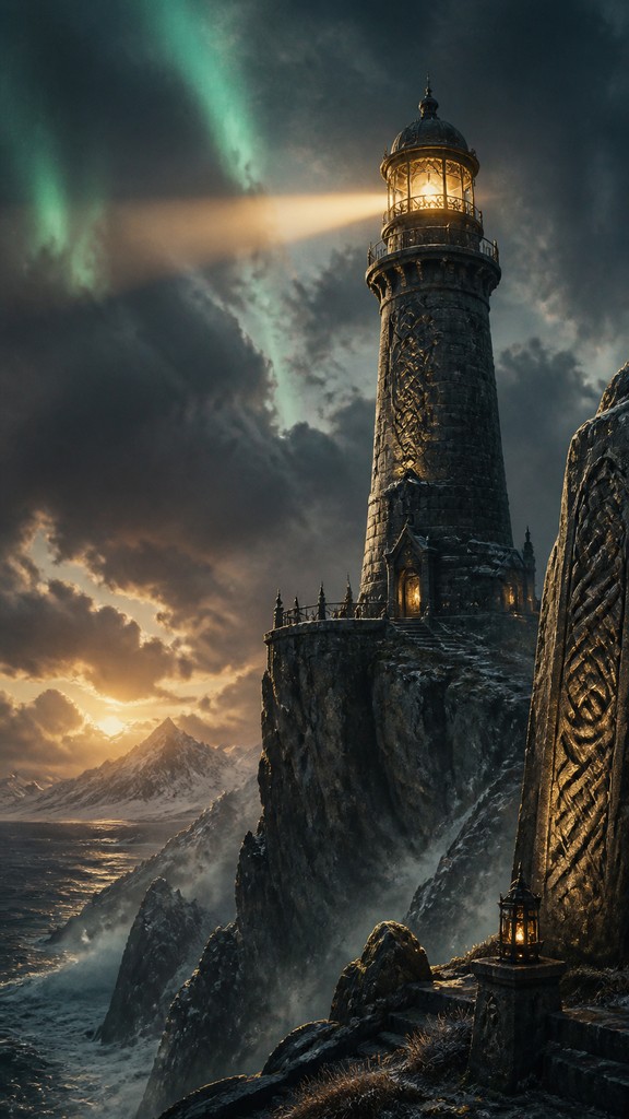 a lone lighthouse on a cliff at dusk under a dramatic sky, no text or lettering — Norse Fantasy Art poster