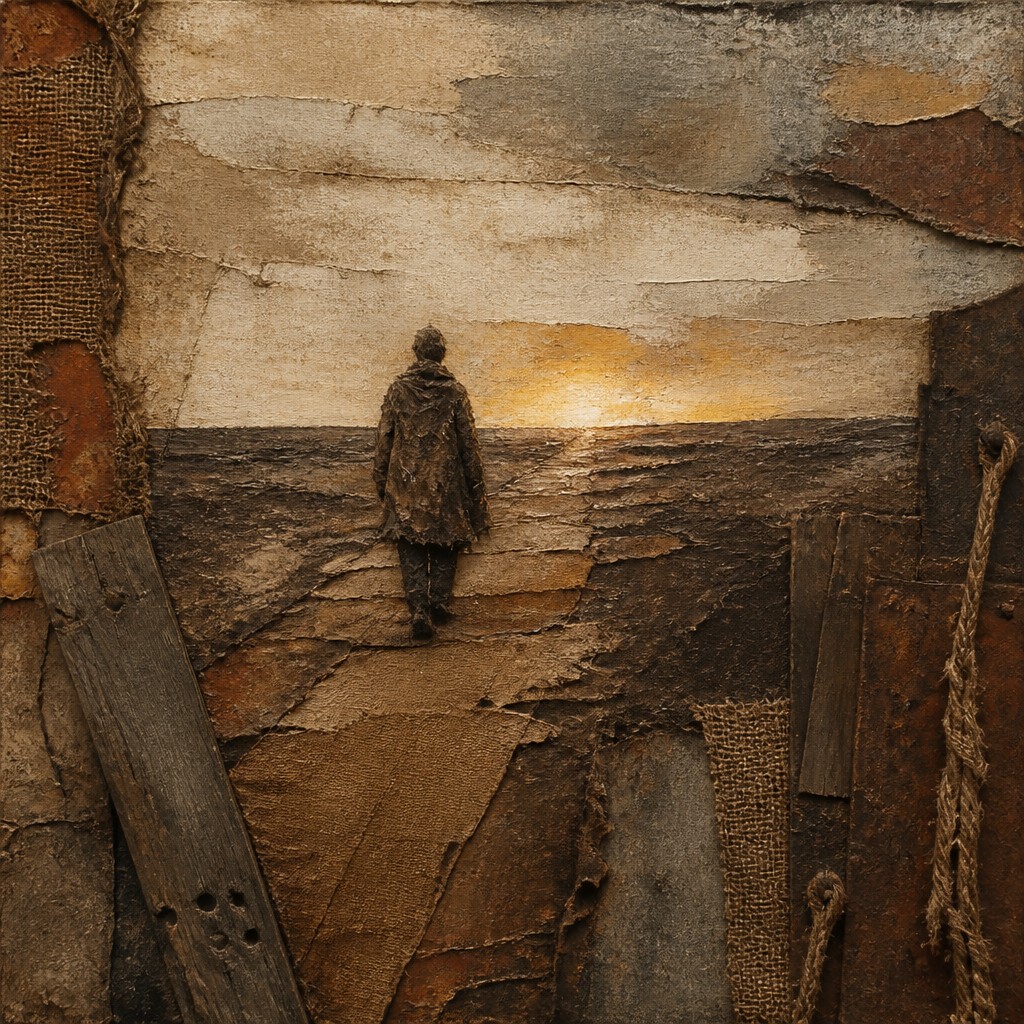 a solitary figure walking toward a glowing horizon across an empty plain, moody atmosphere, no text or lettering — Arte Povera Art Style album cover