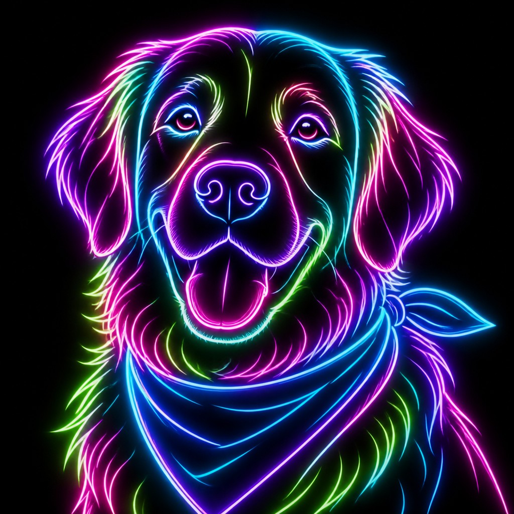 portrait of a golden retriever wearing a blue bandana, warm plain backdrop, no text — Neon Outline Style pet portrait