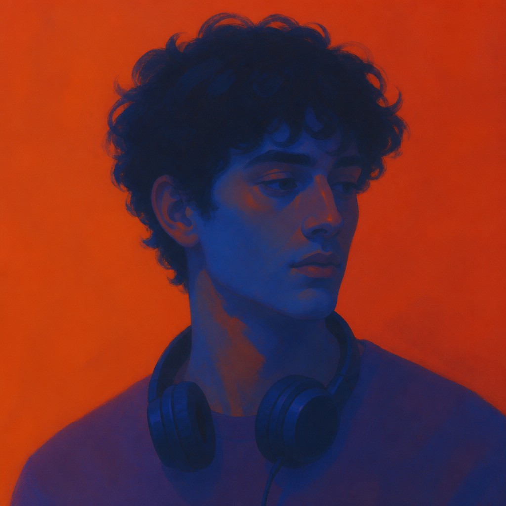 head-and-shoulders portrait of an original character: a young man with curly dark hair and headphones around his neck, plain backdrop, no text — Color Field Painting Style Discord profile picture