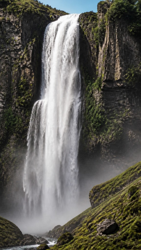 towering waterfall cascading down a cliff — Digital Realism Art Style