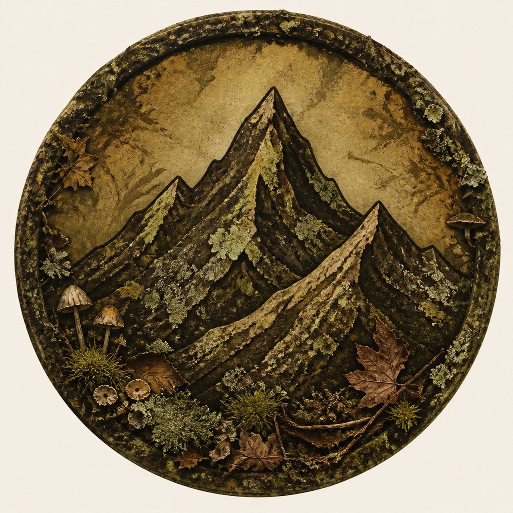 an emblem of a mountain peak inside a circle, simple bold shapes on a plain background, no text or lettering — Goblincore Aesthetic logo concept