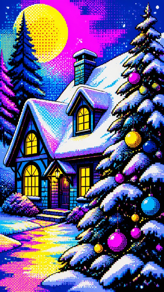 a snow-covered cottage with warm glowing windows beside a decorated pine tree, gentle snowfall, no text — Digital Pop Art Style Christmas card
