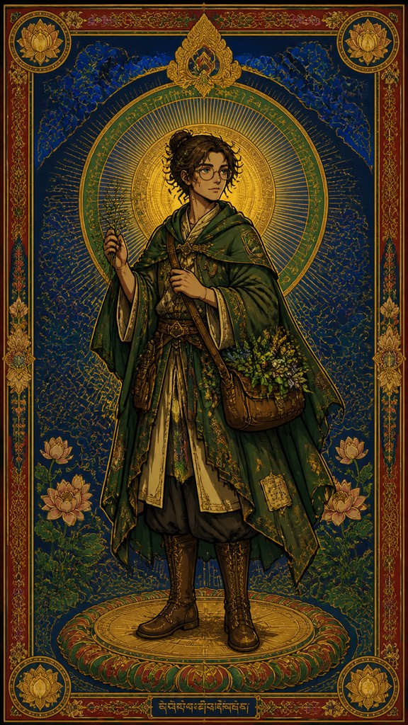 full-body original character: a wandering botanist with a satchel of plants, a patched green cloak, tall boots and round glasses, neutral background — Buddhist Religious Art character design