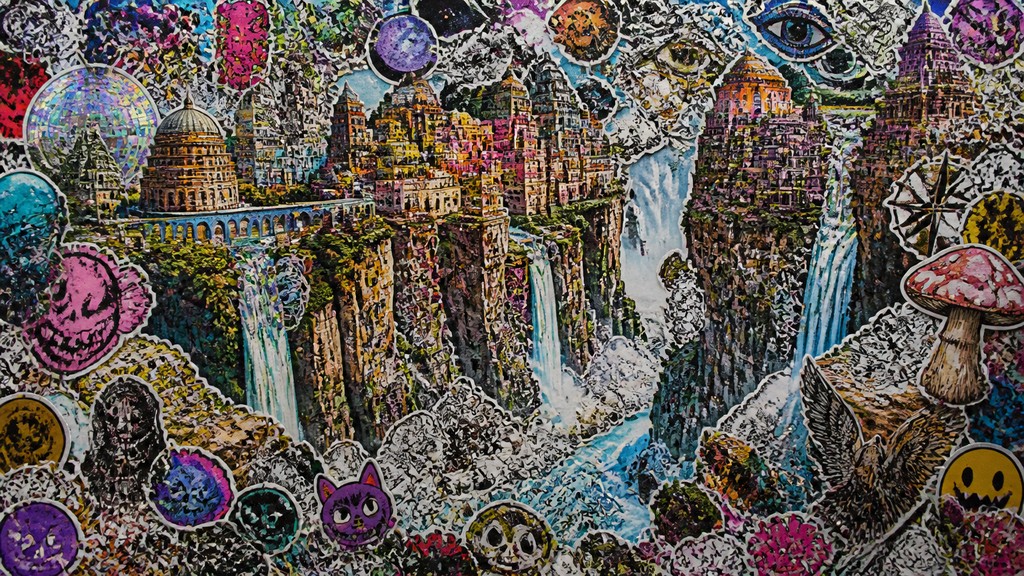 a cliffside city with waterfalls cascading into a misty canyon, wide establishing shot, no people, no text — Sticker Bomb Street Art Style concept art