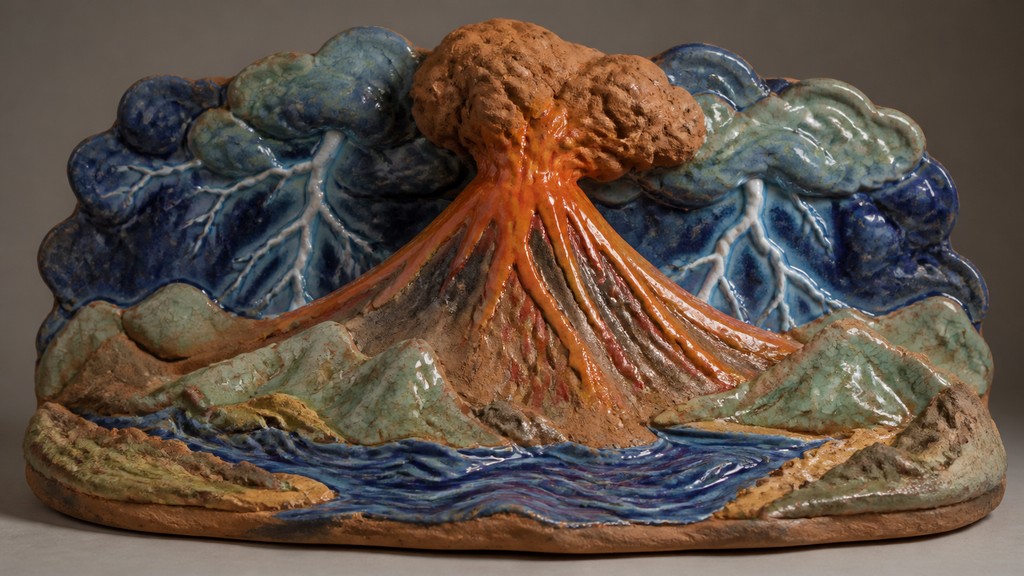 an erupting volcano with lightning strikes, dramatic wide composition, no text — Ceramic Sculpture Art Style YouTube thumbnail