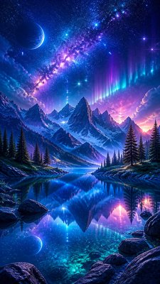 a tranquil mountain lake beneath a starry night sky, no people, no text — Digital Art Style wallpaper