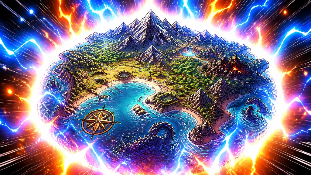 a map of an island realm with mountains, forests, a sheltered bay, sea monsters in the water and a compass rose, no text labels — Shounen Power-Up Aura Portrait fantasy map