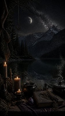 a tranquil mountain lake beneath a starry night sky, no people, no text — Witchcore Aesthetic wallpaper
