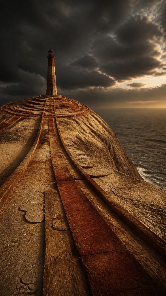 a lone lighthouse on a cliff at dusk under a dramatic sky, no text or lettering — Land Art Style poster