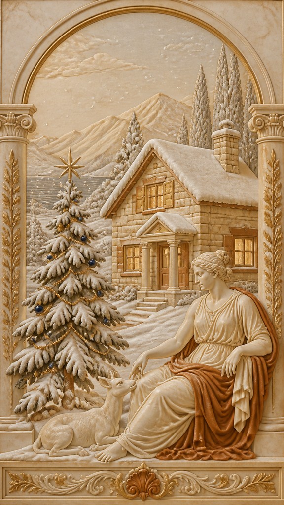a snow-covered cottage with warm glowing windows beside a decorated pine tree, gentle snowfall, no text — Ancient Greek Classical Art Style Christmas card