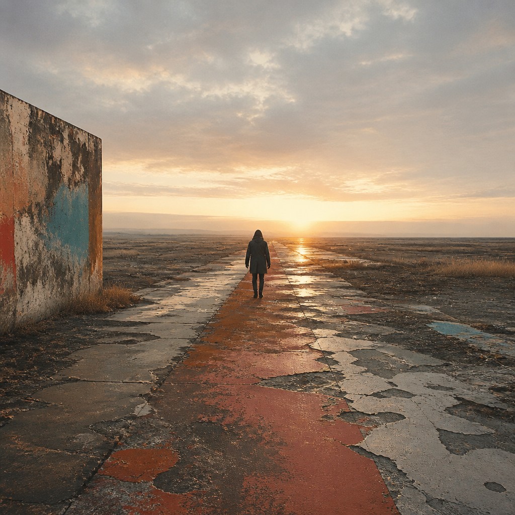 a solitary figure walking toward a glowing horizon across an empty plain, moody atmosphere, no text or lettering — Environmental Art Style album cover