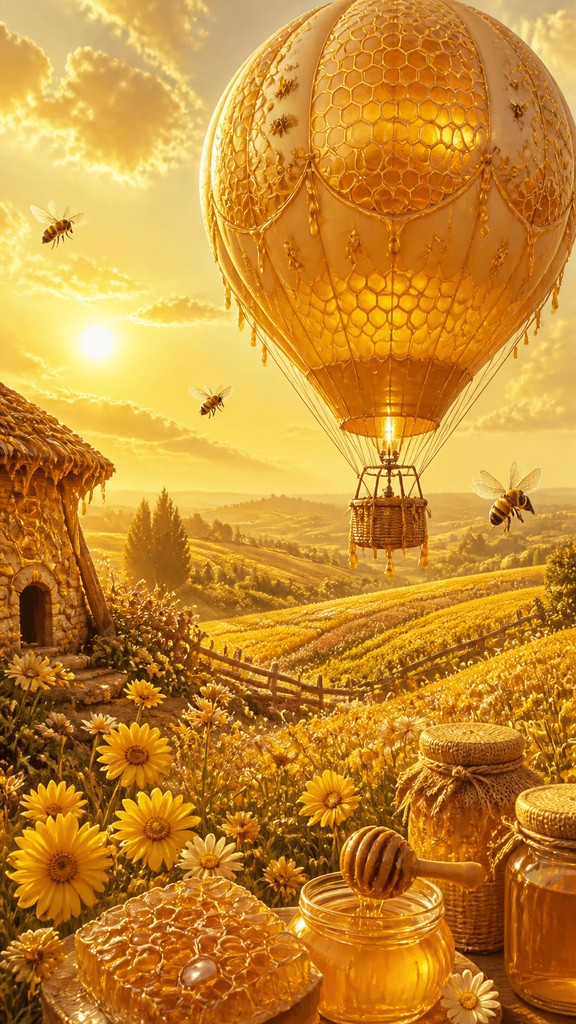 a hot air balloon drifting over rolling flower fields on a sunny day, cheerful, no text — Honeycore Aesthetic greeting card