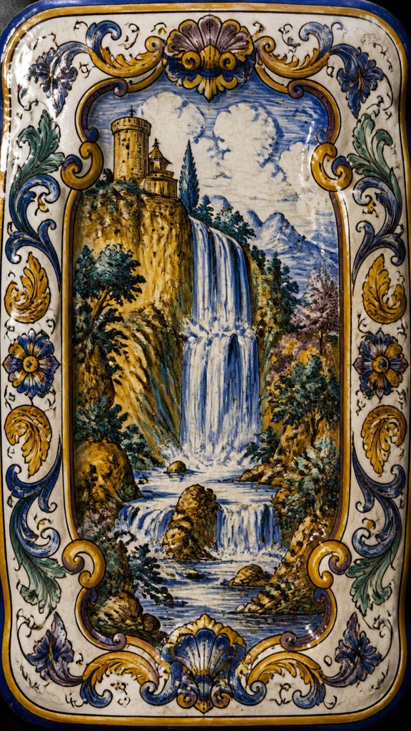 towering waterfall cascading down a cliff — Majolica Ceramic Art Style