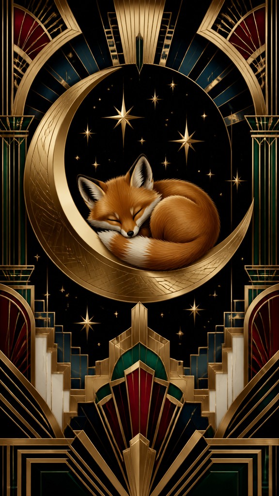 a sleeping baby fox curled on a crescent moon among soft stars, gentle and warm, no text — Art Deco Style baby announcement