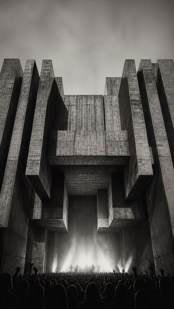 a live music scene with a glowing stage and silhouetted crowd, energetic vertical composition with open space at the top, no text — Brutalist Architecture Art flyer