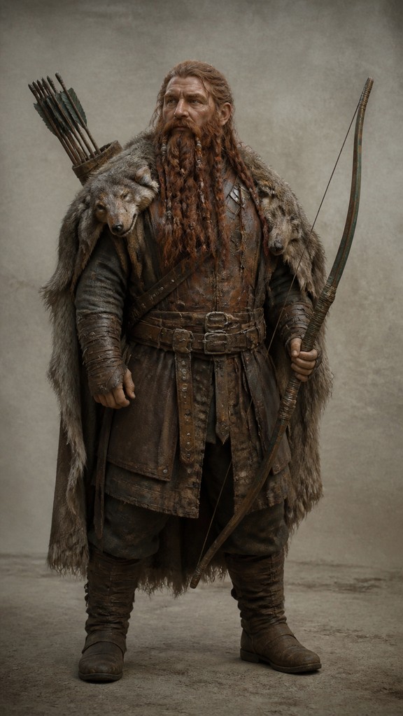 full-body original character: a dwarven ranger with a braided auburn beard, worn leather armor, a longbow and a wolf-pelt cloak, neutral background, no text — Environmental Art Style tabletop character portrait