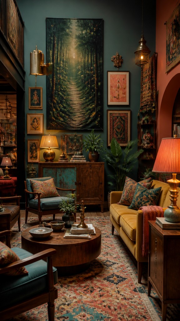 a mysterious forest path with fireflies and drifting mist, atmospheric vertical composition with open space at the top, no text — Eclectic Interior Design book cover