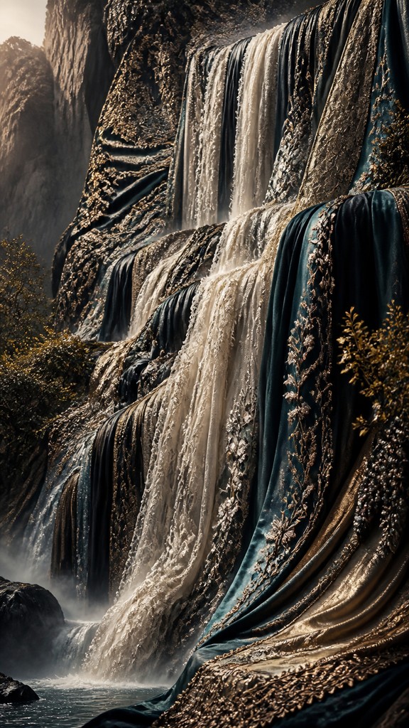 towering waterfall cascading down a cliff — Haute Couture Fashion Design