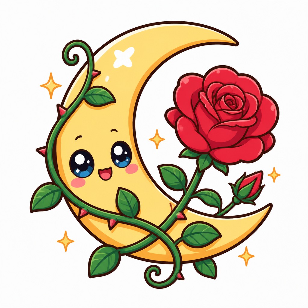 a rose entwined with a crescent moon, clean balanced composition on a plain background, no text — Chibi Anime Art Style tattoo design