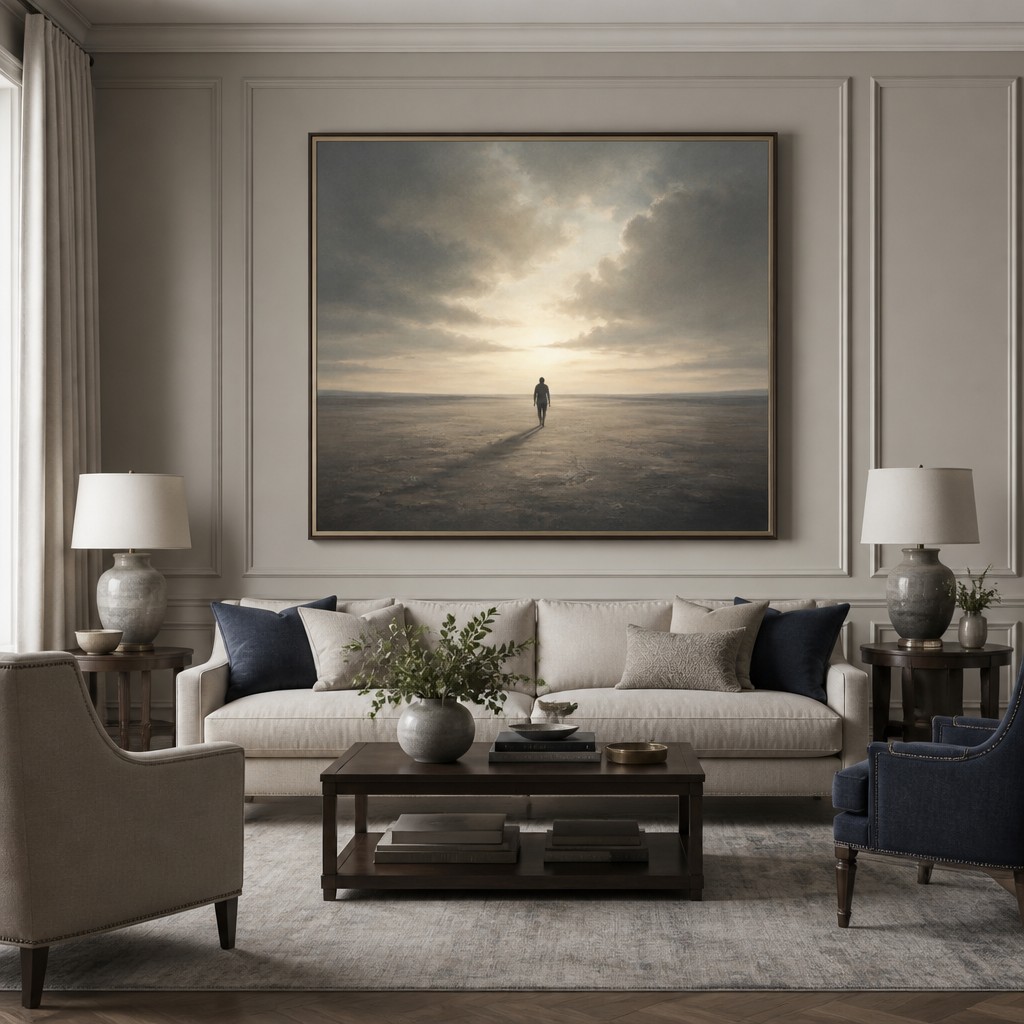 a solitary figure walking toward a glowing horizon across an empty plain, moody atmosphere, no text or lettering — Transitional Interior Design album cover