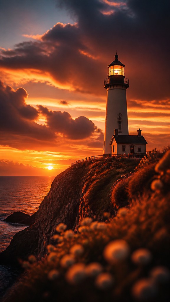 a lone lighthouse on a cliff at dusk under a dramatic sky, no text or lettering — Food Photography Still Life Art Style poster