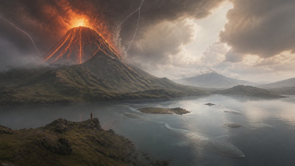 an erupting volcano with lightning strikes, dramatic wide composition, no text — Magical Realism Art Style YouTube thumbnail
