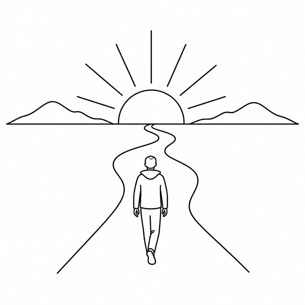 a solitary figure walking toward a glowing horizon across an empty plain, moody atmosphere, no text or lettering — Line Art Icon Design album cover