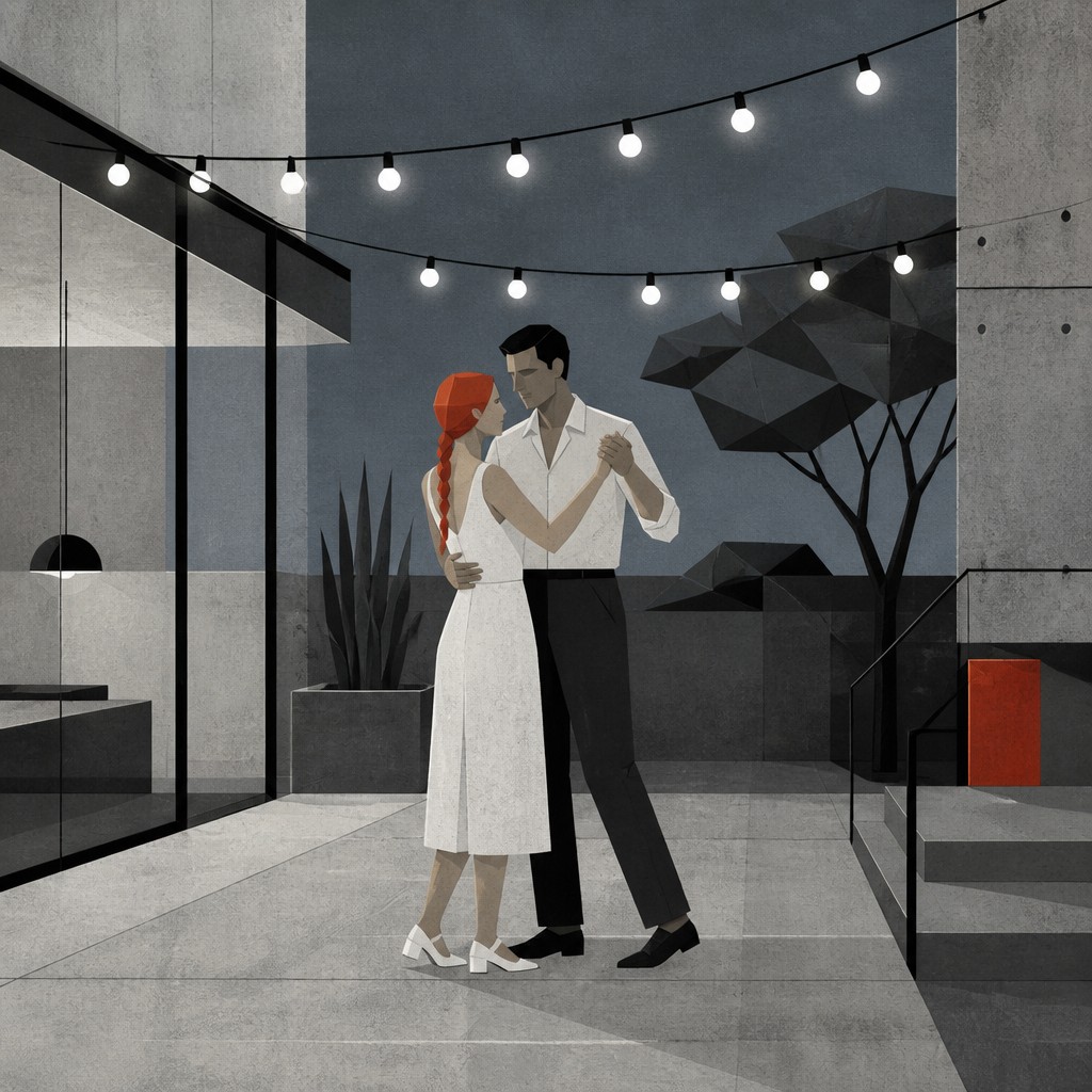 an original couple dancing under string lights in a garden at dusk: a man with short black hair in a linen shirt and a woman with braided red hair in a summer dress — Minimalist Modern Art Style couple portrait