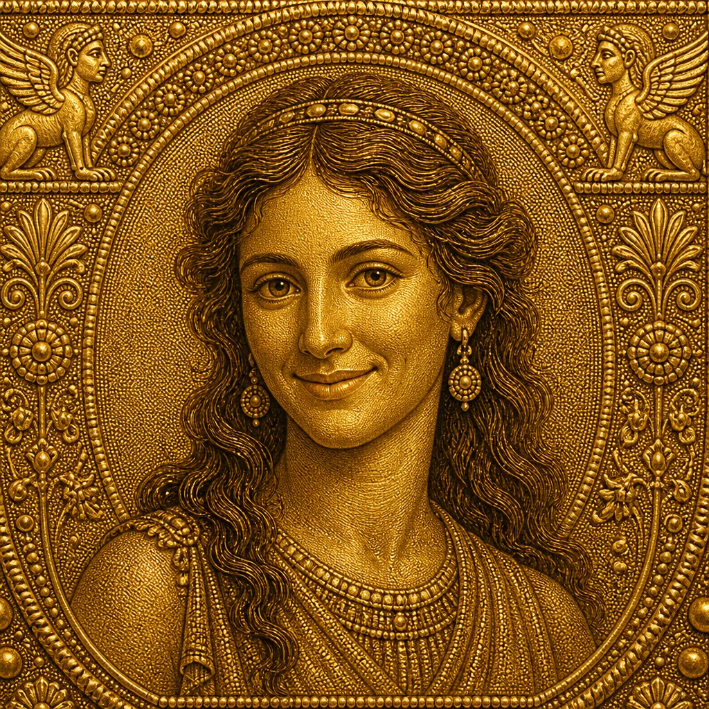 head-and-shoulders portrait of an original character: a young woman with wavy chestnut hair and a warm smile, plain soft backdrop — Etruscan Granulation Jewelry Style profile picture