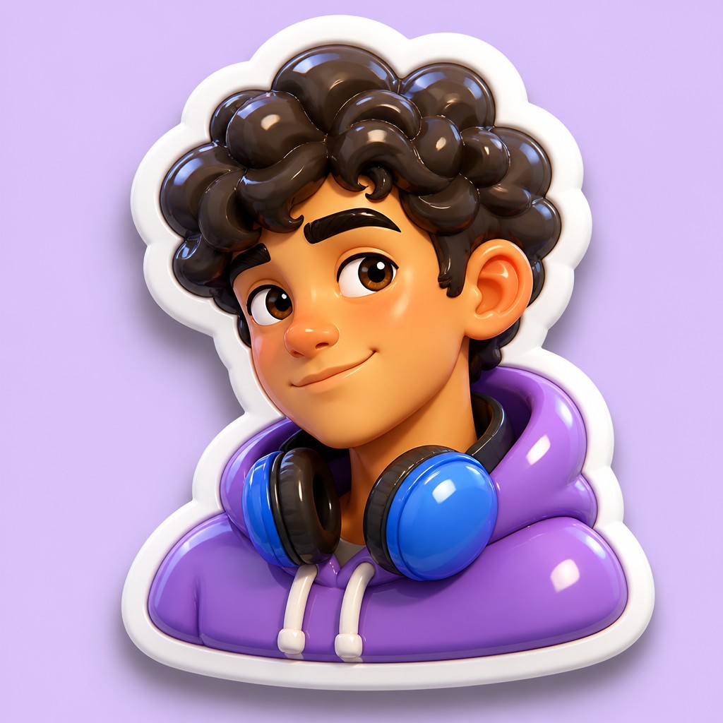 head-and-shoulders portrait of an original character: a young man with curly dark hair and headphones around his neck, plain backdrop, no text — 3D Puffy Sticker Design Discord profile picture