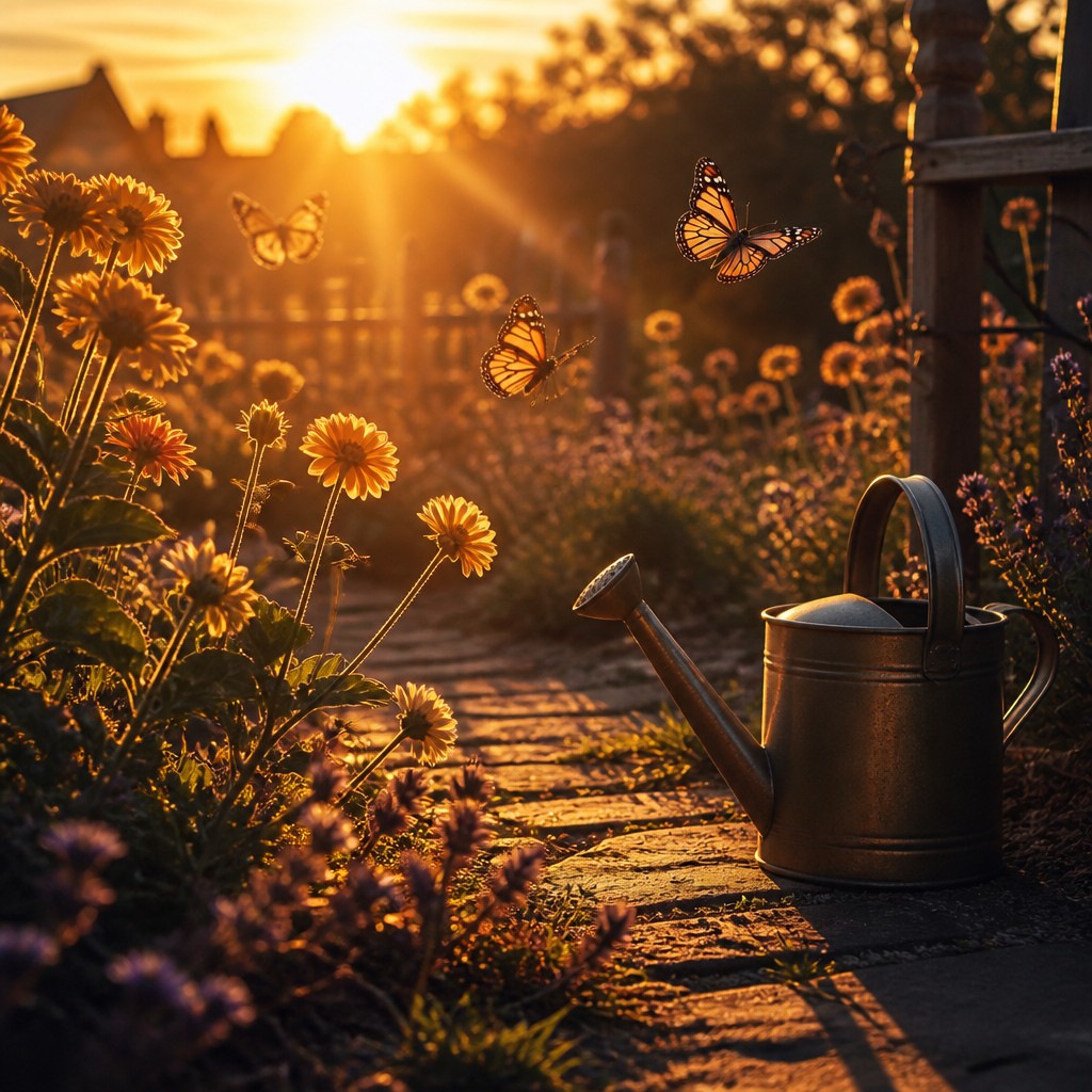 a garden scene with butterflies, flowers and a watering can, clean uncolored line art, no text — Golden Hour Landscape Photography Style coloring page