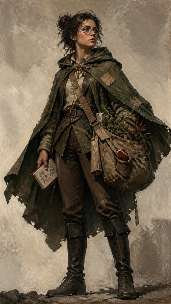 full-body original character: a wandering botanist with a satchel of plants, a patched green cloak, tall boots and round glasses, neutral background — Social Realism Art Style character design