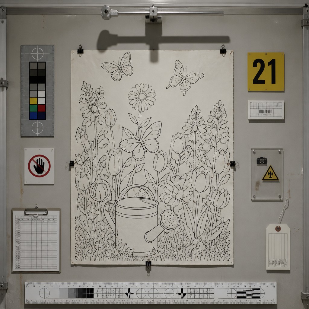 a garden scene with butterflies, flowers and a watering can, clean uncolored line art, no text — Institutional Critique Conceptual Art Style coloring page